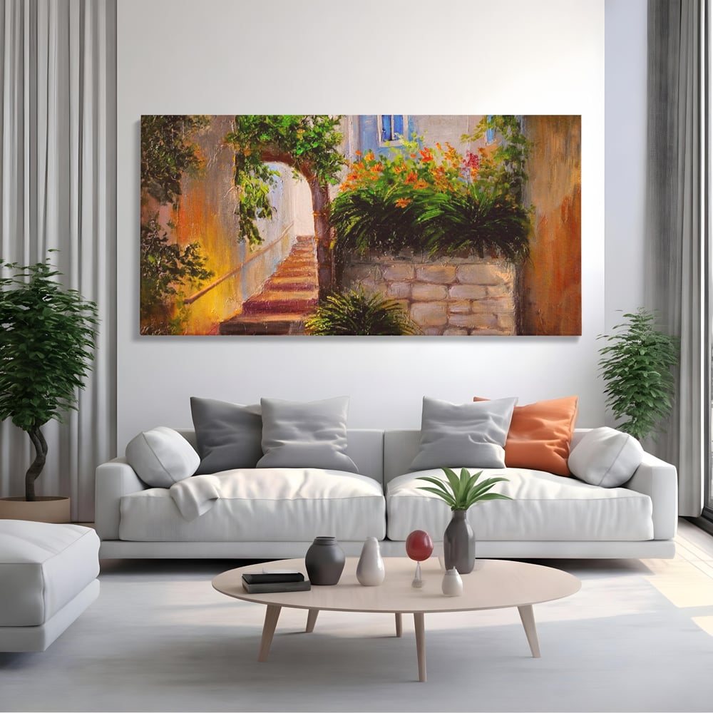 Tablou canvas cu pictura cu scari si flori, fara rama, pe sasiu de lemn, pe perete intr-un living